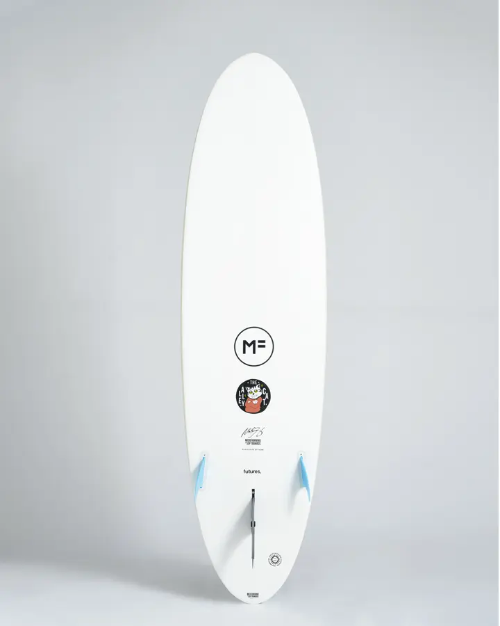 MF Alley cat epoxy lam future surfboard white bottom view.webp
