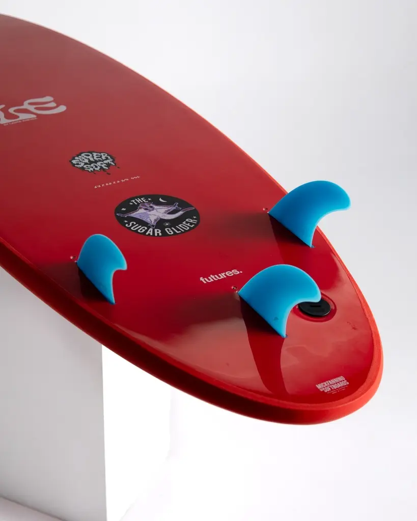 MF Sugar glide supersoft future surfboard red fins.webp